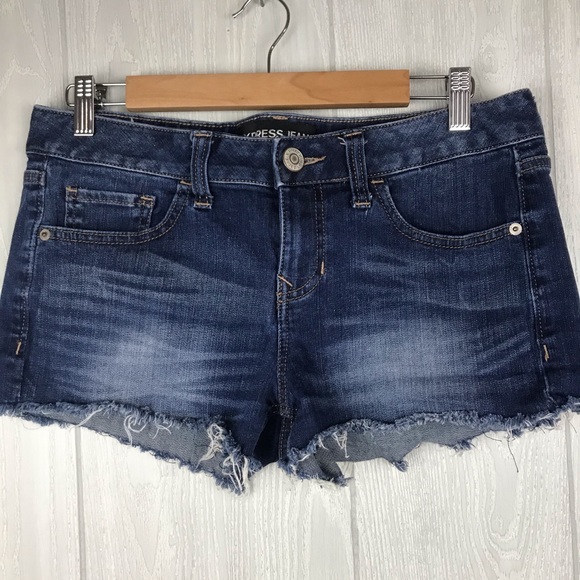 Express Pants - Express fringe hem dark wash denim jean shorts
